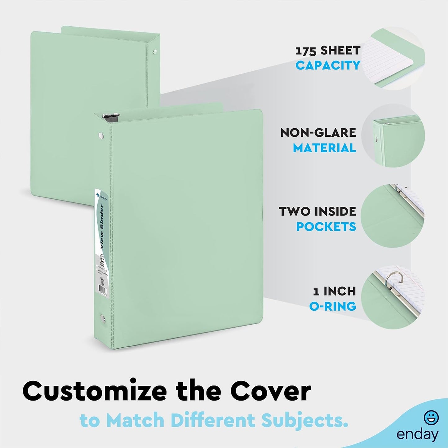 Enday Binders Pastel 3 Ring Binder, Clear View Cover for Letter Size 8.5 x 11'' Paper & 2 Inside Pockets, Ideal for School Supplies, Office, and Home (select inch size)