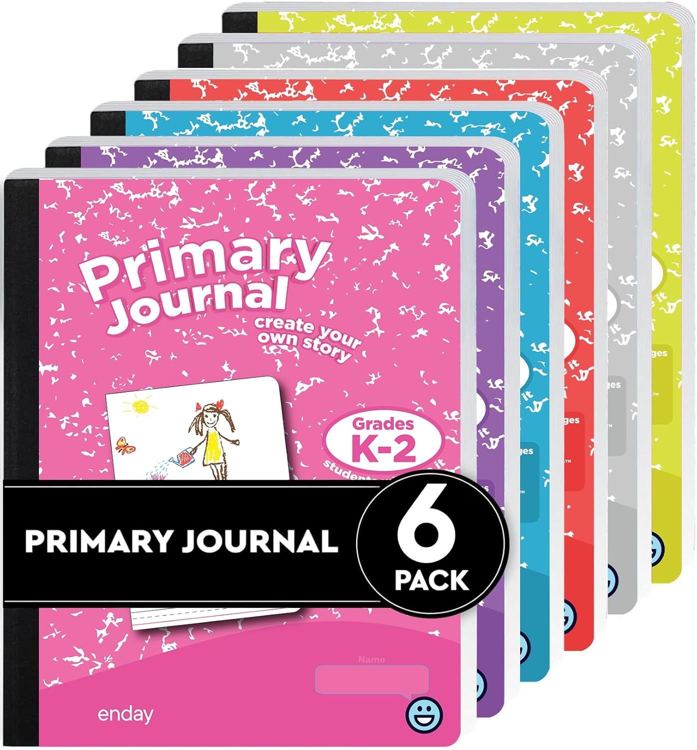 Enday Primary Journal Grades K-2 (6 Pack) Primary Writing Journal, Half Page Ruled Composition Notebook for Kids, 100 Sheets kids Notebook, in Pink, Green, Red, Blue, Purple, Gray