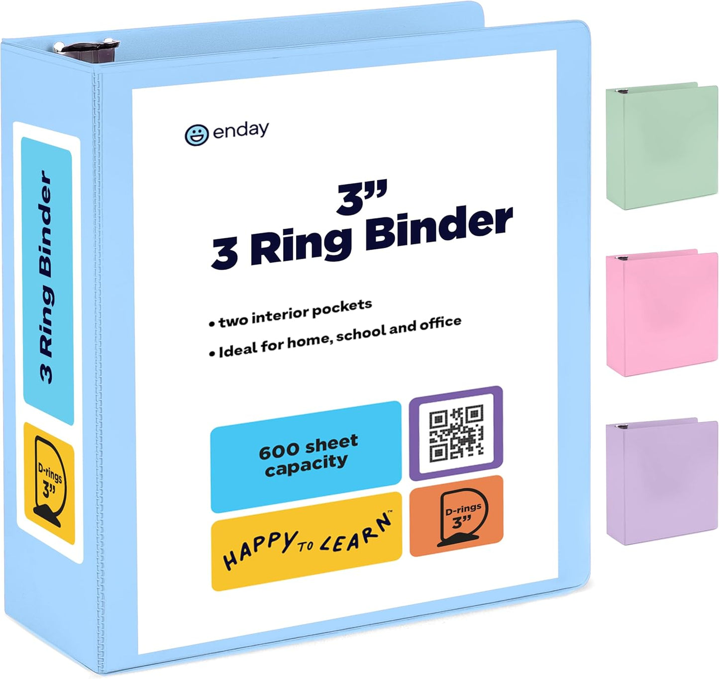 Enday Binders Pastel 3 Ring Binder, Clear View Cover for Letter Size 8.5 x 11'' Paper & 2 Inside Pockets, Ideal for School Supplies, Office, and Home (select inch size)