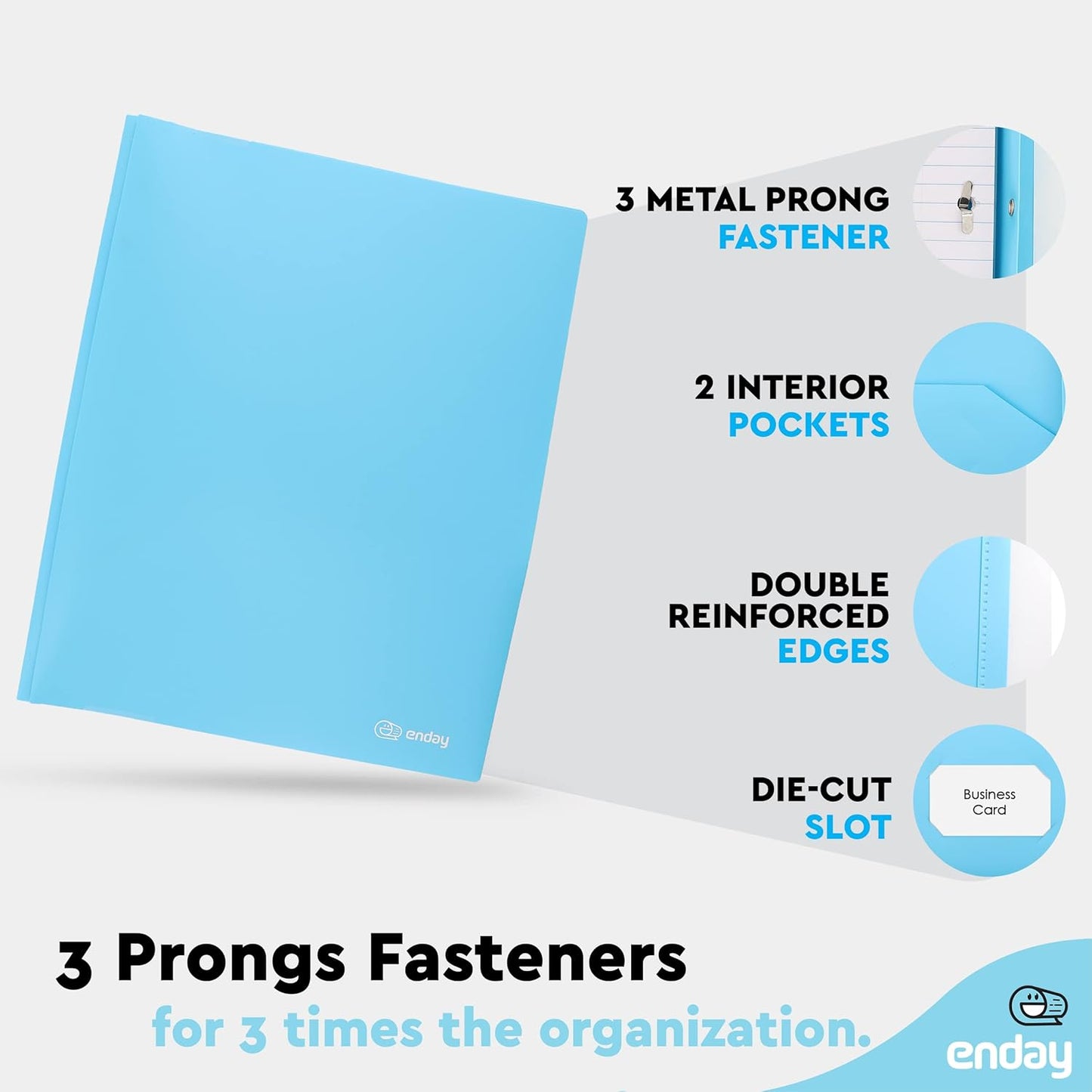 Plastic Folders with Pockets and Prongs Blue - Two Pocket Folder with Brads - 3 Prong Folders with Pockets for Letter Size Sheets, Also Available in Purple, Green, Red, Pink, and Grey, 1 Pc â€“by Enday