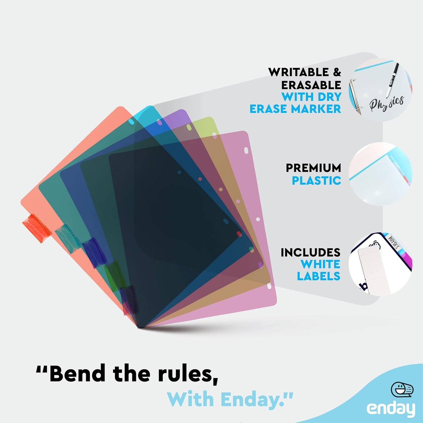 Binder Dividers with Tabs, 5 Dividers for 3 Ring Binder Standard Index Folder Dividers, Plastic Multicolor Dividers with White Insertable Tabs â€“ by Enday (5-Tab, 1 Pack)