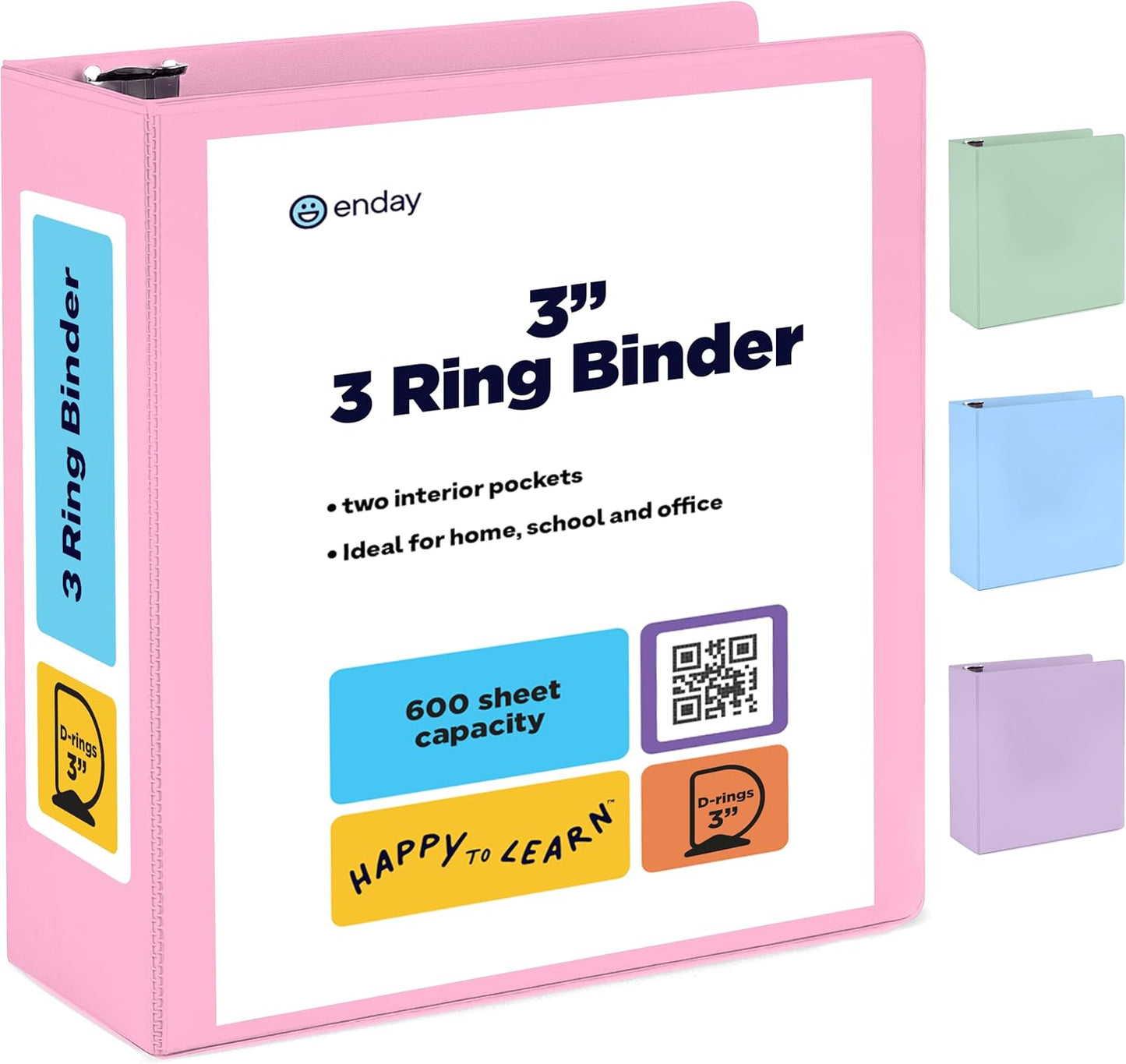 Enday Binders Pastel 3 Ring Binder, Clear View Cover for Letter Size 8.5 x 11'' Paper & 2 Inside Pockets, Ideal for School Supplies, Office, and Home (select inch size)