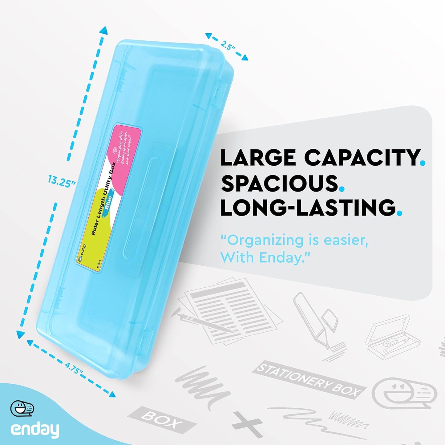 Enday Pencil Box Blue, Storage Organizer Utility Box, Multipurpose Long Ruler Length School Office Supplies Plastic Pencil Case for Kids & Adults Available in Red, Pink, Grey, Purple, Green, 1PK