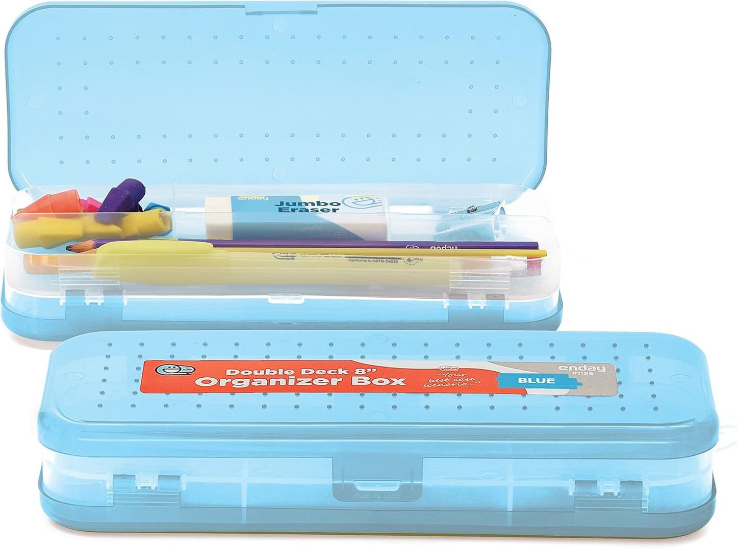Enday Pencil Box Blue, Plastic Double Deck Pencil Case with 7 Compartments, Box Organizer with Snap Closure for Home and Office