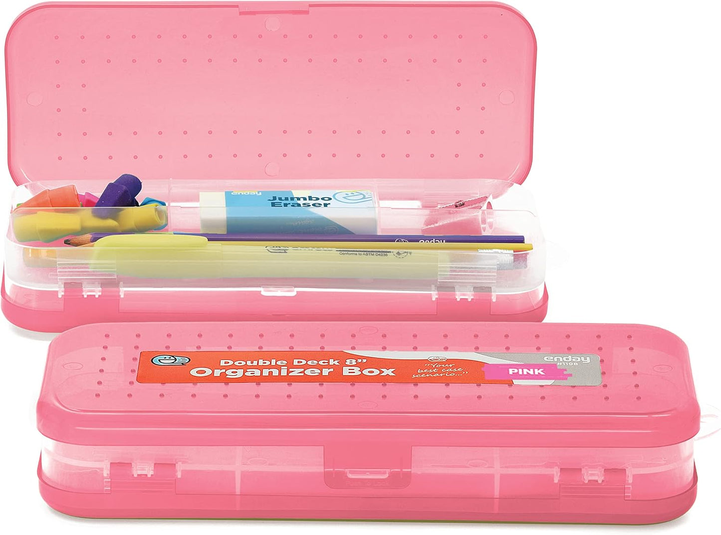 Enday Pencil Box Blue, Plastic Double Deck Pencil Case with 7 Compartments, Box Organizer with Snap Closure for Home and Office