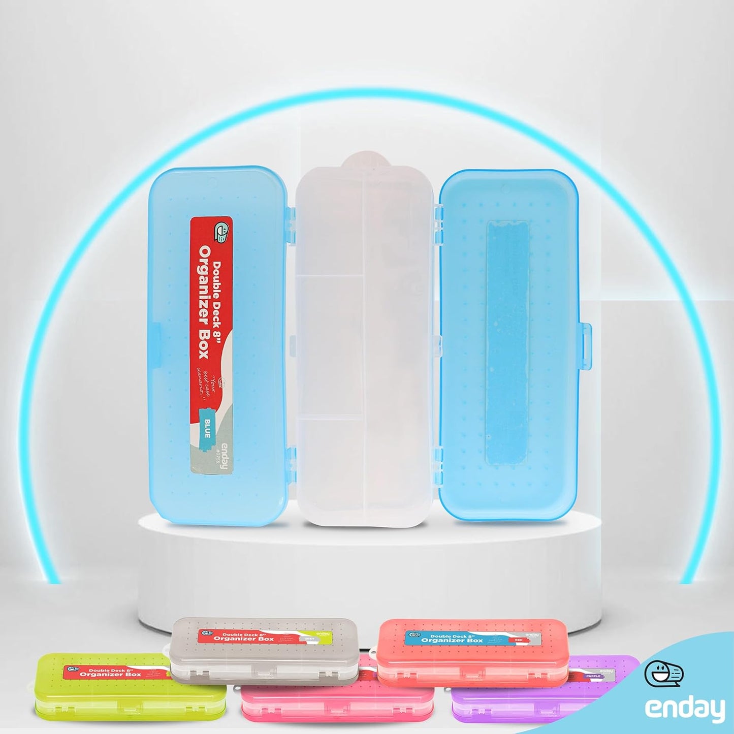 Enday Pencil Box Blue, Plastic Double Deck Pencil Case with 7 Compartments, Box Organizer with Snap Closure for Home and Office