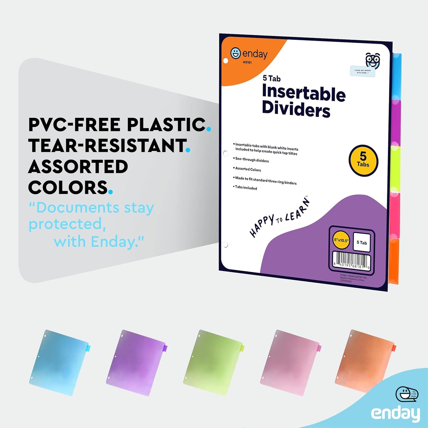 Binder Dividers with Tabs, 5 Dividers for 3 Ring Binder Standard Index Folder Dividers, Plastic Multicolor Dividers with White Insertable Tabs â€“ by Enday (5-Tab, 1 Pack)