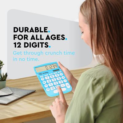 Enday Solar Powered 12-Digit Calculator - Blue, Large Display, Perfect for Office & School