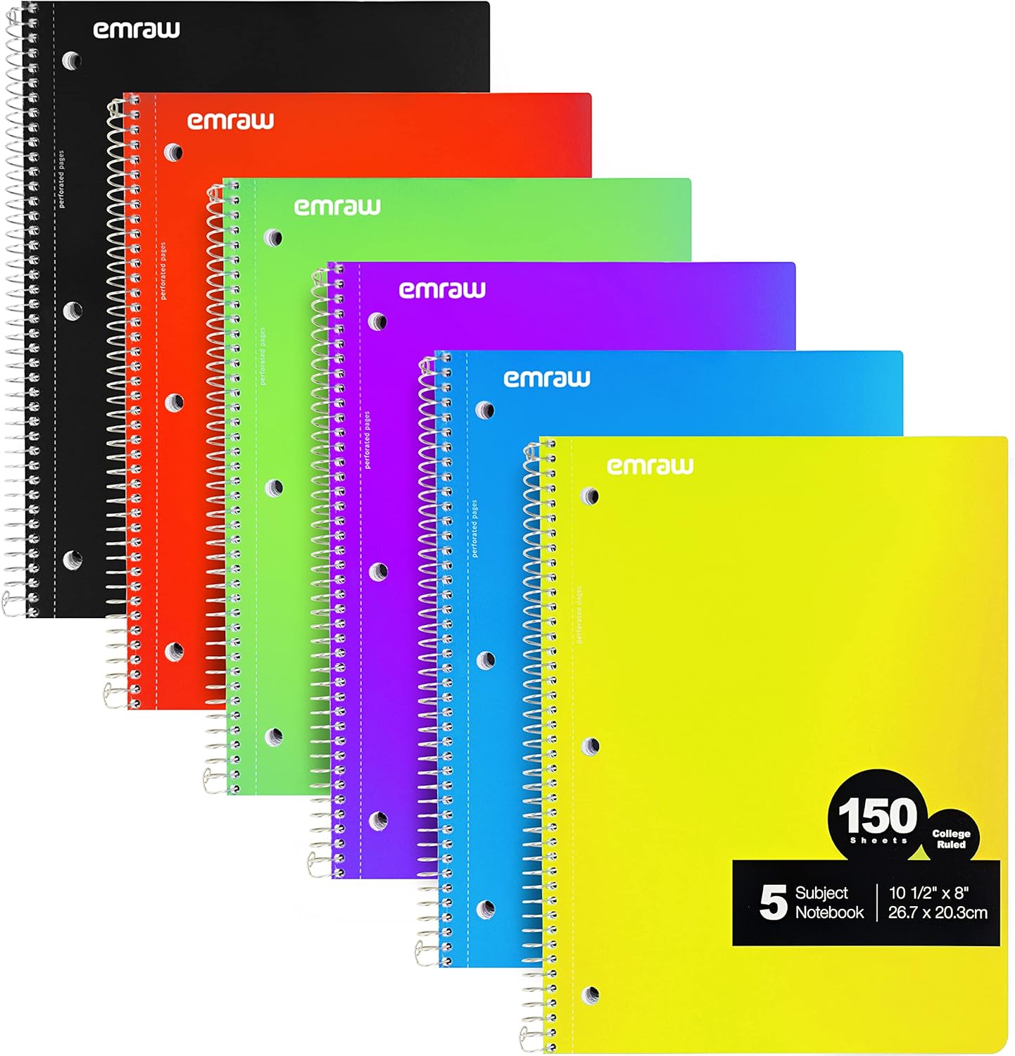 Emraw 5 Subject Spiral Notebooks College Ruled 150 Sheets Ideal for Class Assignments, Homework, Planning and General Notes (Pack of 6)