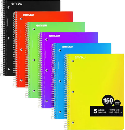 Emraw 5 Subject Spiral Notebooks College Ruled 150 Sheets Ideal for Class Assignments, Homework, Planning and General Notes (Pack of 6)