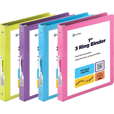 1 Inch 3 Ring Binder 1â€ Binder Clear View Cover with 2 Inside Pockets, Colored School Supplies Office and Home Binders Assorted Colors May Vary (4 Pack) â€“ by Enday