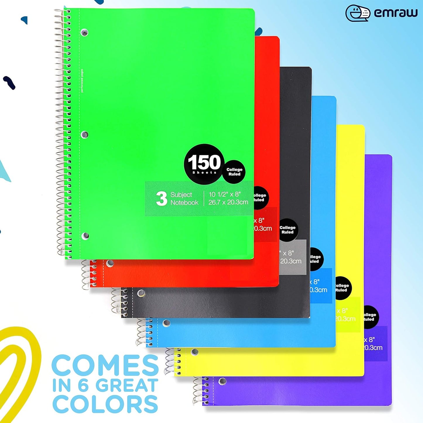 Emraw 5 Subject Spiral Notebooks College Ruled 150 Sheets Ideal for Class Assignments, Homework, Planning and General Notes (Pack of 6)