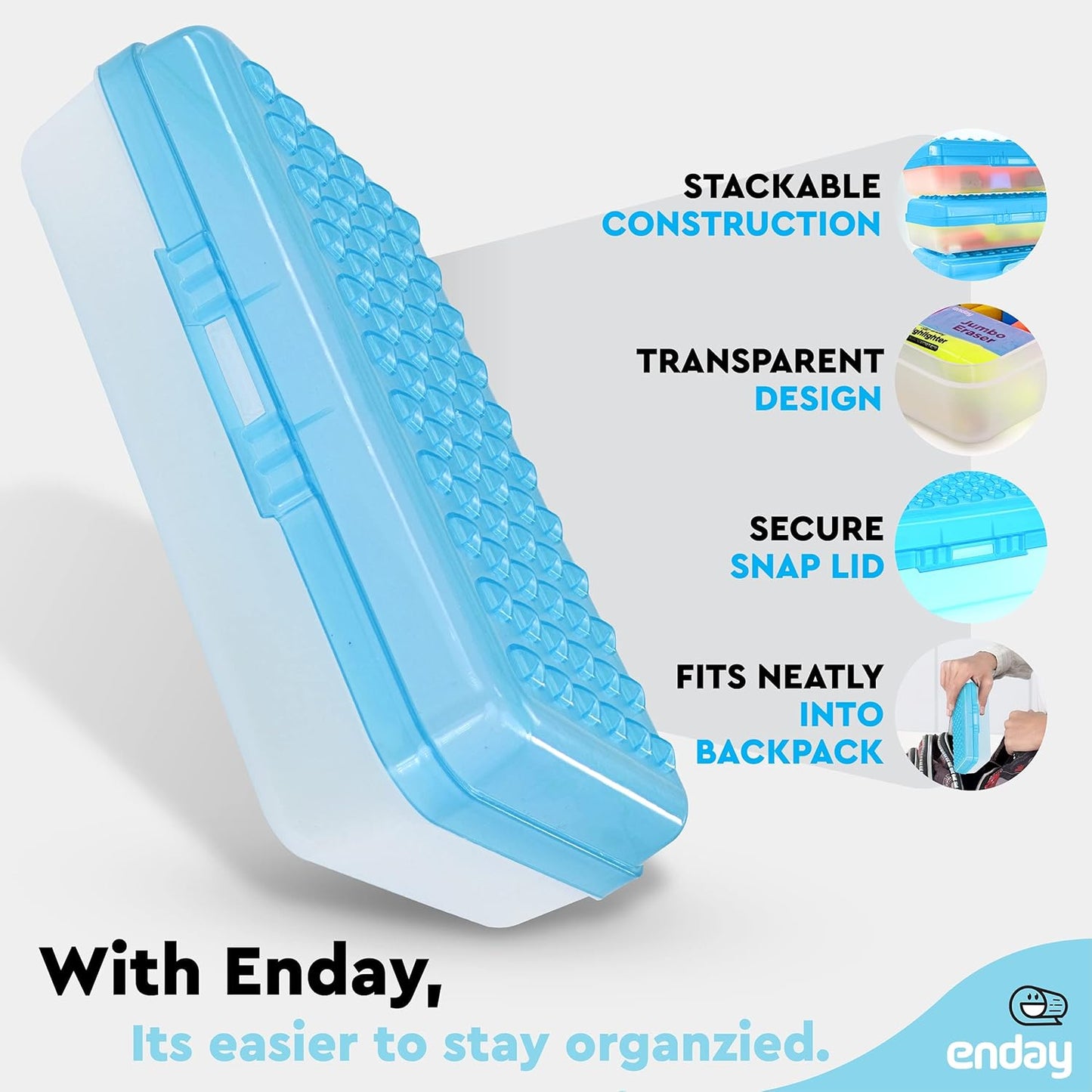 Enday Pencil Box Blue, Plastic Small Dots Pencil Case, School Storage Utility Supplies Box Organizer with Snap Closure for Kids and Adults Also Available in Pink, Grey, Purple, Red, Green, 1 PK