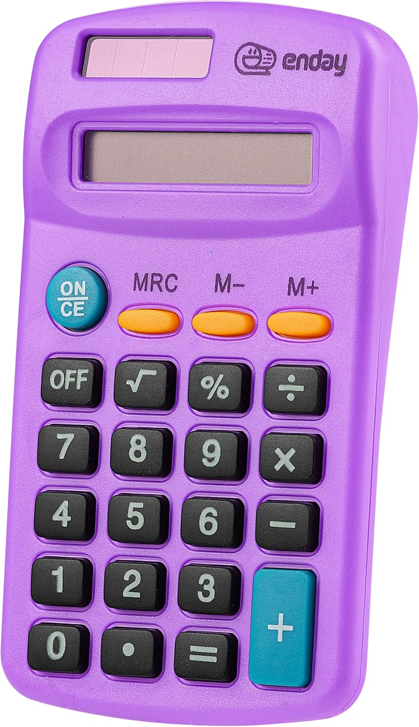 Calculator Blue, Basic Small Solar and Battery Operated, Large Display Four Function, Auto Powered Handheld Calculator School and Kids Available in Green, Red, Purple, Grey, Pink, 1 PK â€“ by Enday
