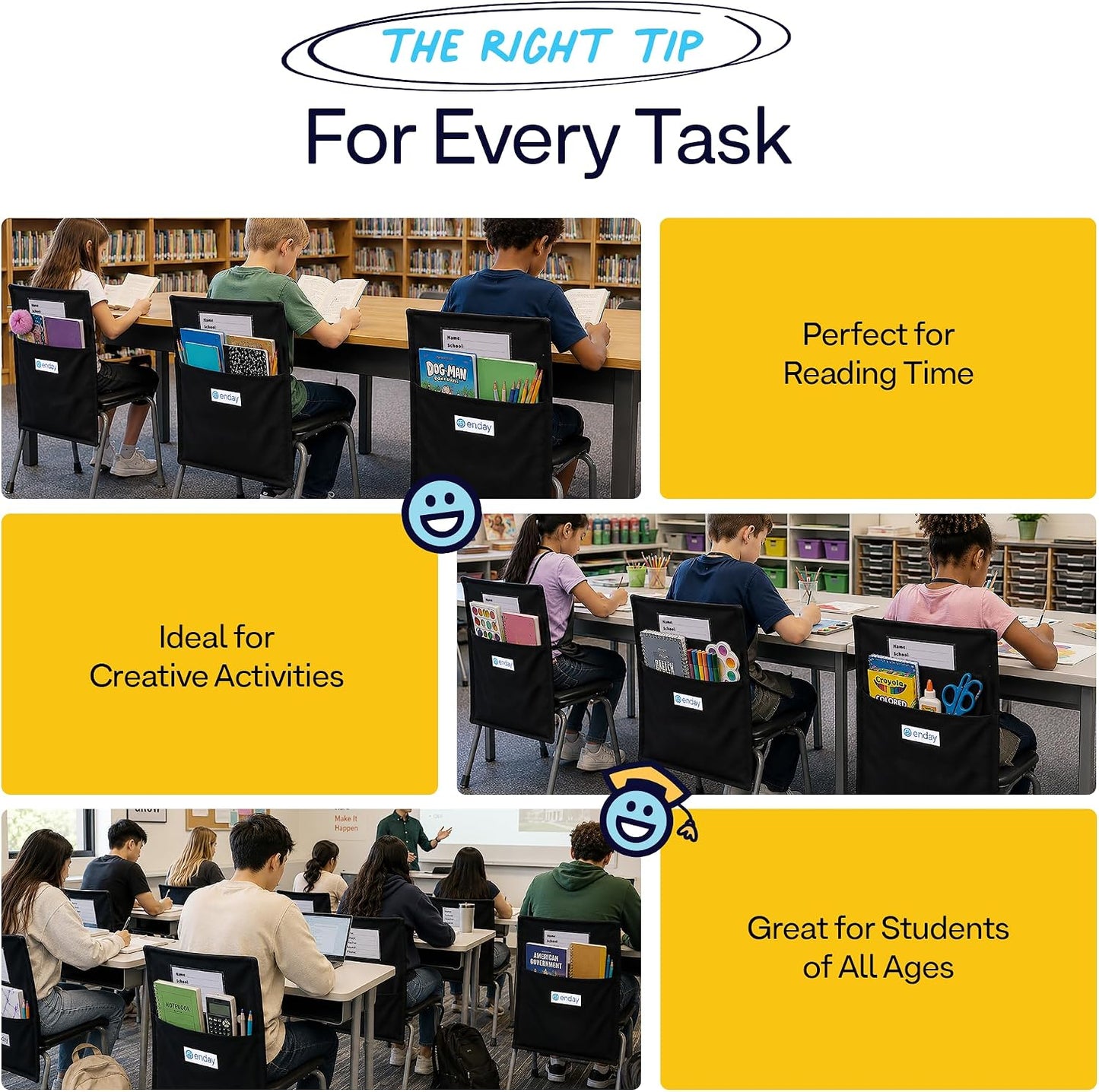 Enday Chair Pockets for Classrooms Set of 24, Premium Student Chair Pockets, Deep Seat Sacks for Classroom Chairs, Heavy Duty Chair Bags for Books & School Supplies Organizer