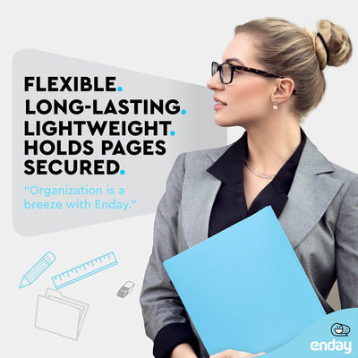 Plastic Folders with Pockets and Prongs Blue - Two Pocket Folder with Brads - 3 Prong Folders with Pockets for Letter Size Sheets, Also Available in Purple, Green, Red, Pink, and Grey, 1 Pc â€“by Enday