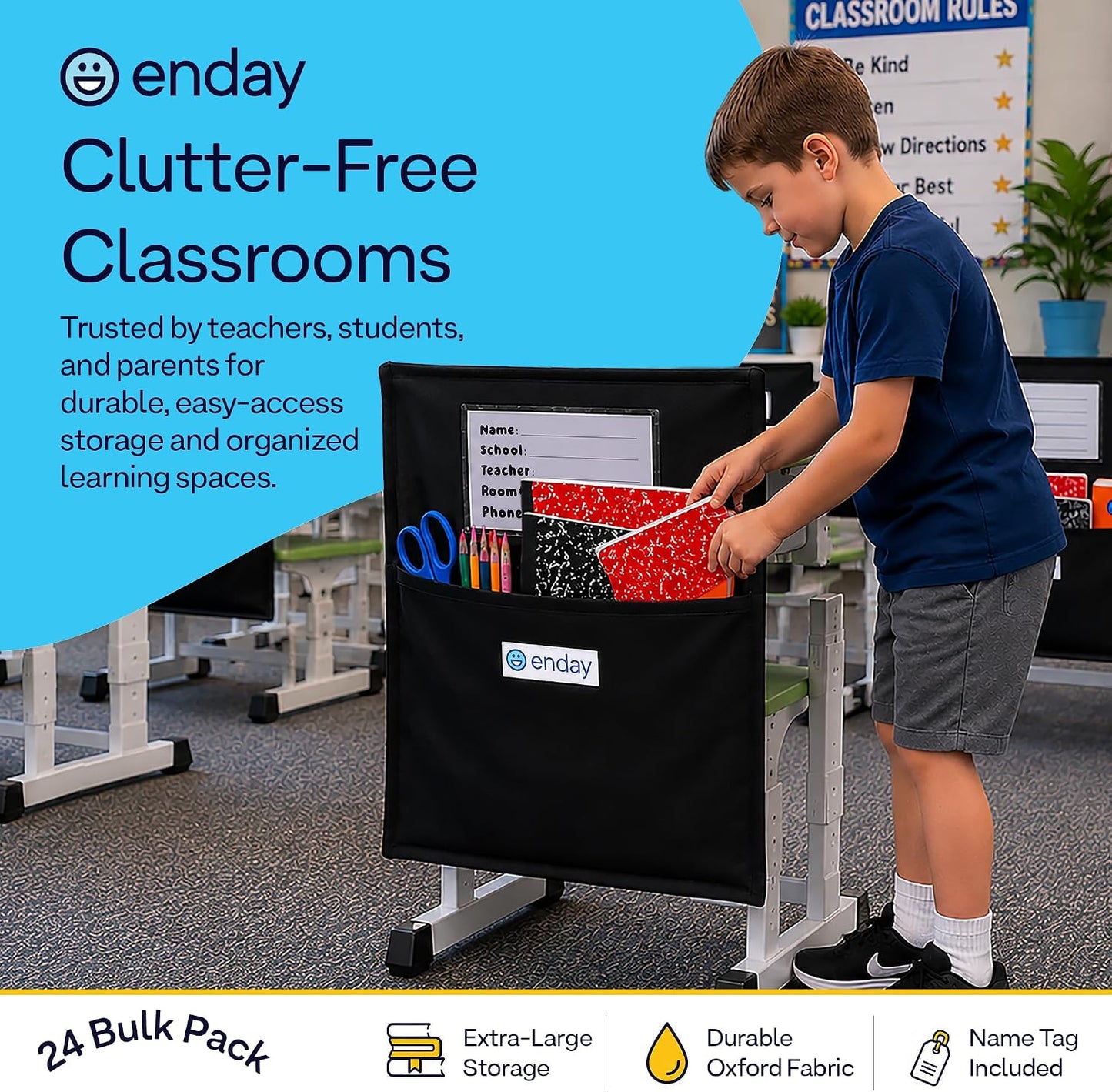 Enday Chair Pockets for Classrooms Set of 24, Premium Student Chair Pockets, Deep Seat Sacks for Classroom Chairs, Heavy Duty Chair Bags for Books & School Supplies Organizer