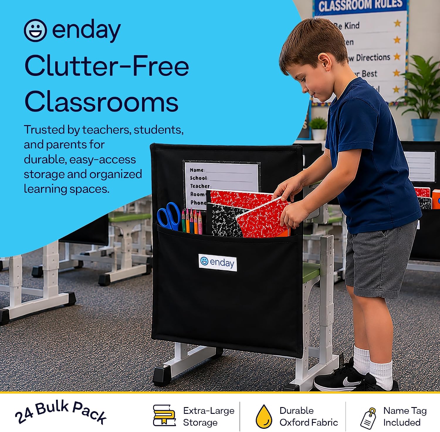 Enday Chair Pockets for Classrooms Set of 24, Premium Student Chair Pockets, Deep Seat Sacks for Classroom Chairs, Heavy Duty Chair Bags for Books & School Supplies Organizer