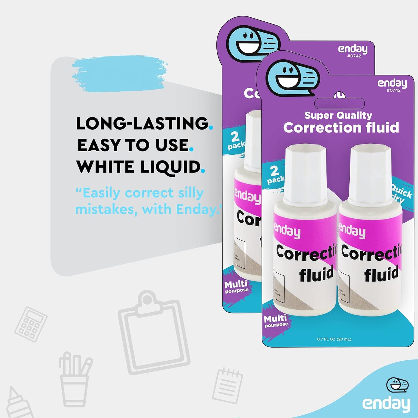 Enday Liquid Correction Fluid Pack of 4, White Fluid .7 fl. Oz. / 20 ml Multi-Purpose Smooth Corrector for school, Office, and Home – by Enday