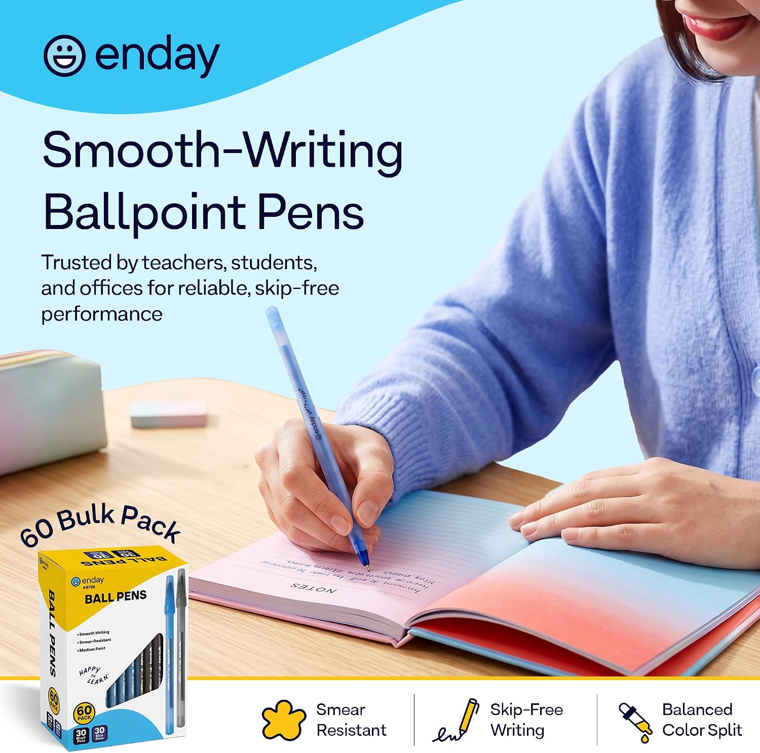 Ballpoint Pens Bulk (60 Pack) 30 Black & 30 Blue - Medium Point