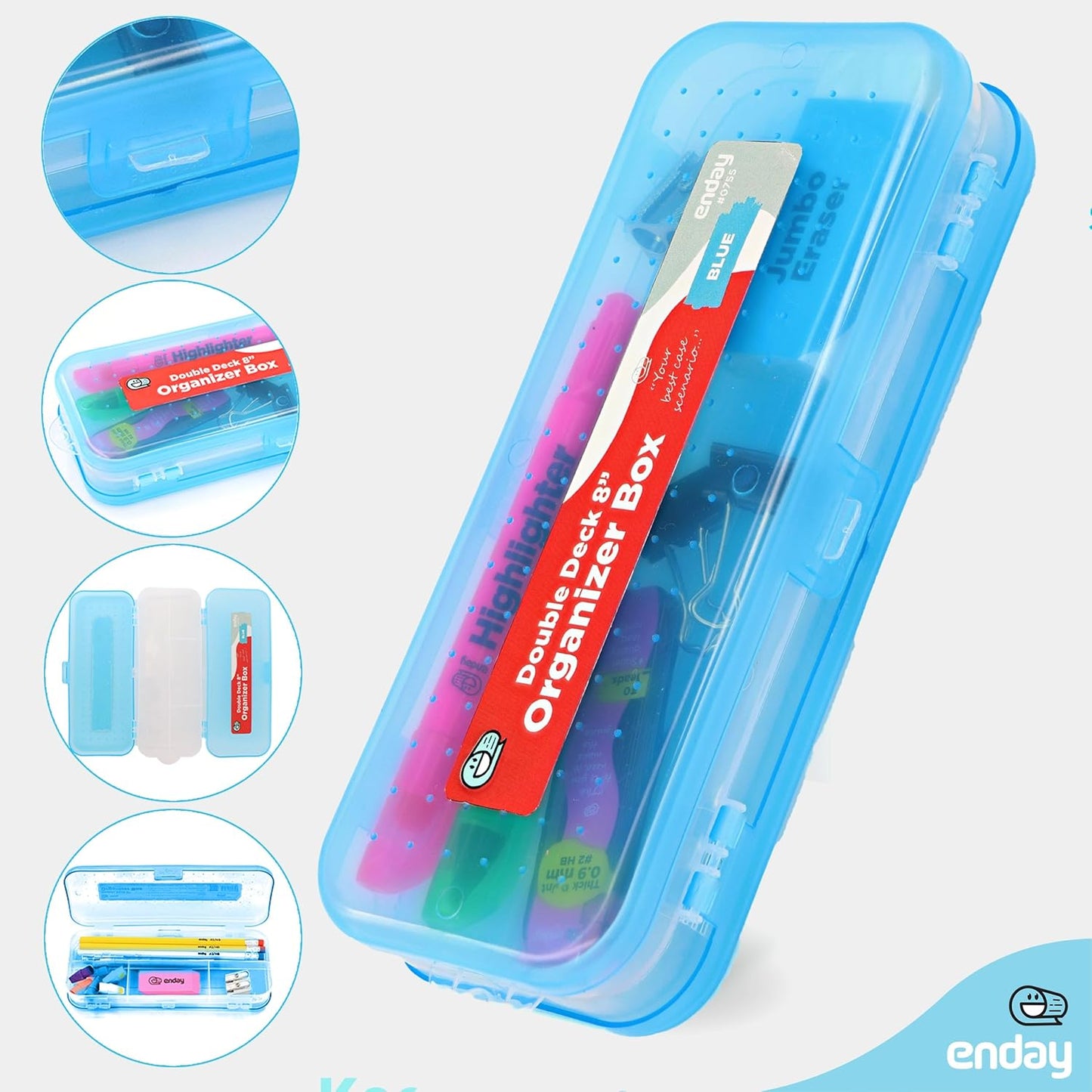 Enday Pencil Box Blue, Plastic Double Deck Pencil Case with 7 Compartments, Box Organizer with Snap Closure for Home and Office