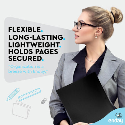 Plastic Folders with Pockets and Prongs Black, Two Pocket Folder with Brads, 3 Prong Folders with Pockets for Letter Size Sheets (6 Pack) - by Enday