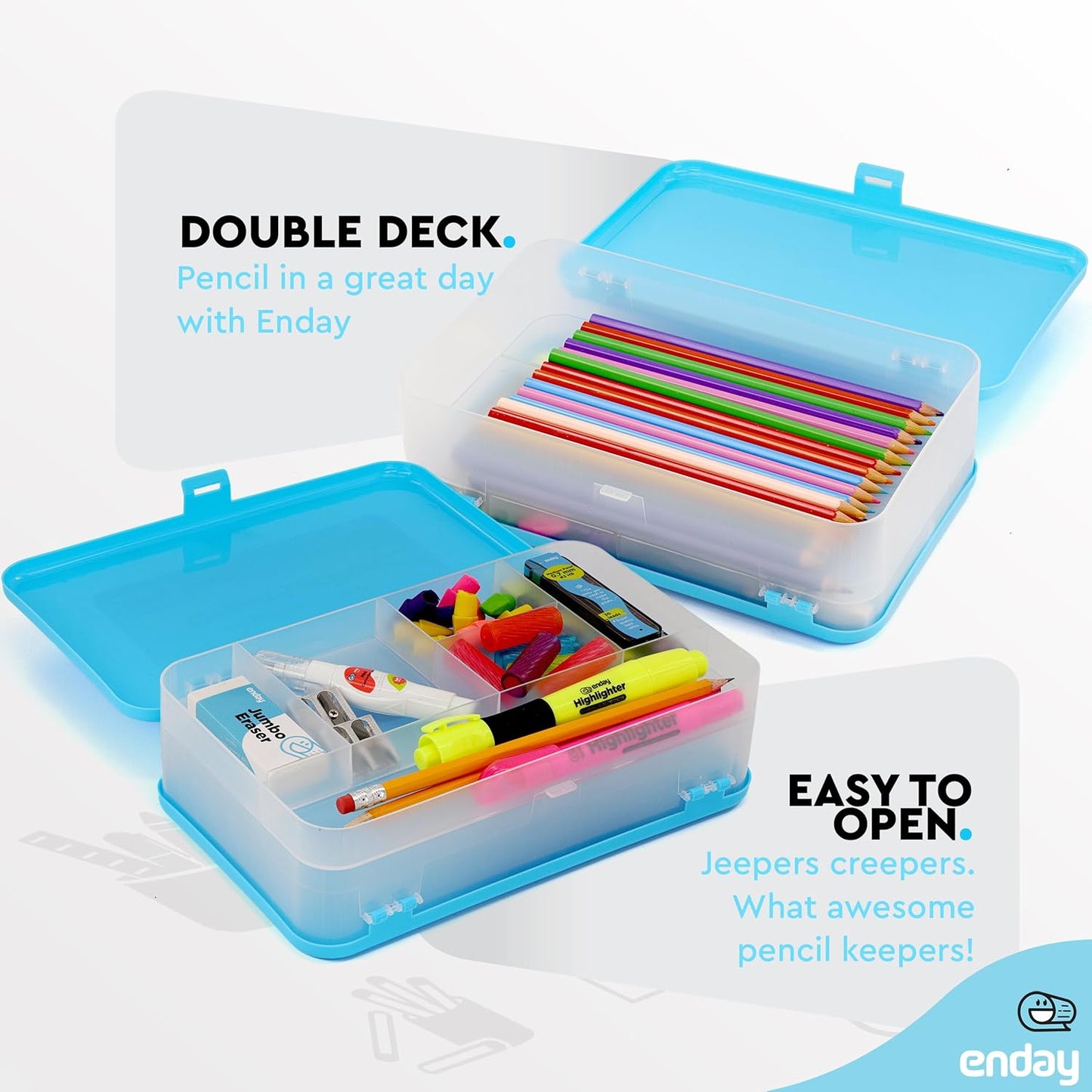 Enday Pencil Box Blue, Large Capacity Plastic Double Deck Box with 12 Compartments, Plastic Pencil Box with Snap-Tight Lid, Hard Pencil Case Storage Organizer Pencil Boxes