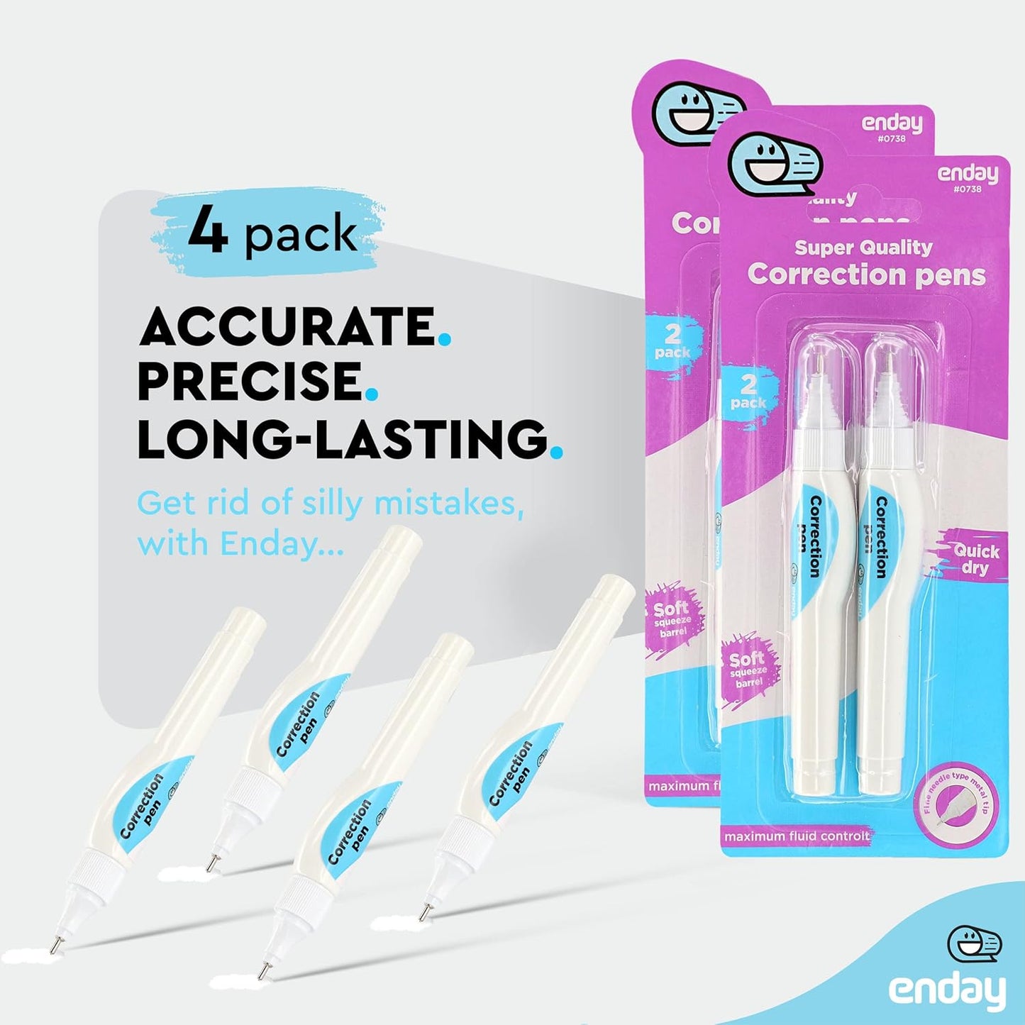 Emraw Enday Correction Pen (4 Pack) - Correction Liquid 0.2 Fl Oz (7 Ml) Metal Tip White Correction Fluid.