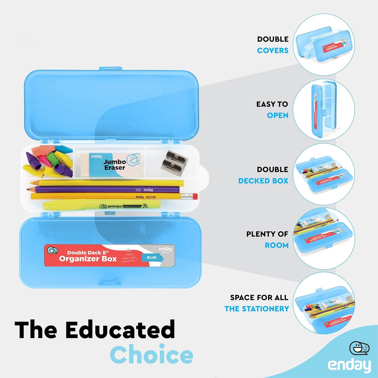 Enday Pencil Box Blue, Plastic Double Deck Pencil Case with 7 Compartments, Box Organizer with Snap Closure for Home and Office