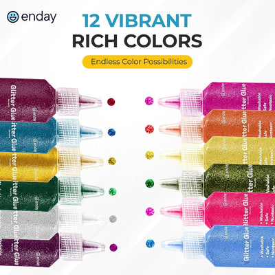 Enday Glitter Glue for Crafts - 12 Assorted Colors - Non-Toxic Washable Glitter Glue Pens, Bulk Pack Bright Classic Colors, Used for Gluing, Drawing, Writing, Christmas Stockings.