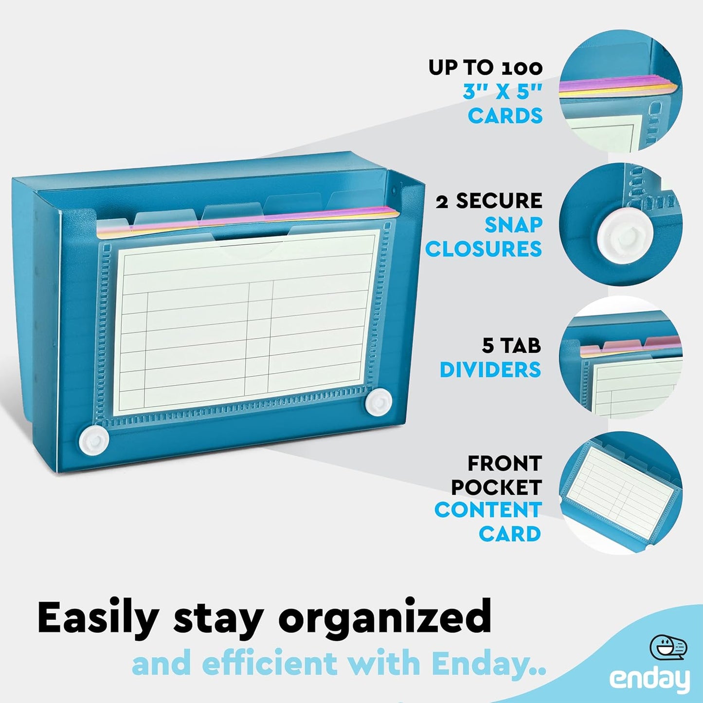 Index Card Holder Blue, 3x5 Note Flash Card Organizer Case, File Box with 5 Dividers, Notecard Box Holds 100 Cards, Also Available in Red, Purple, Green, Pink, Grey, 1 Pack â€“ By Enday