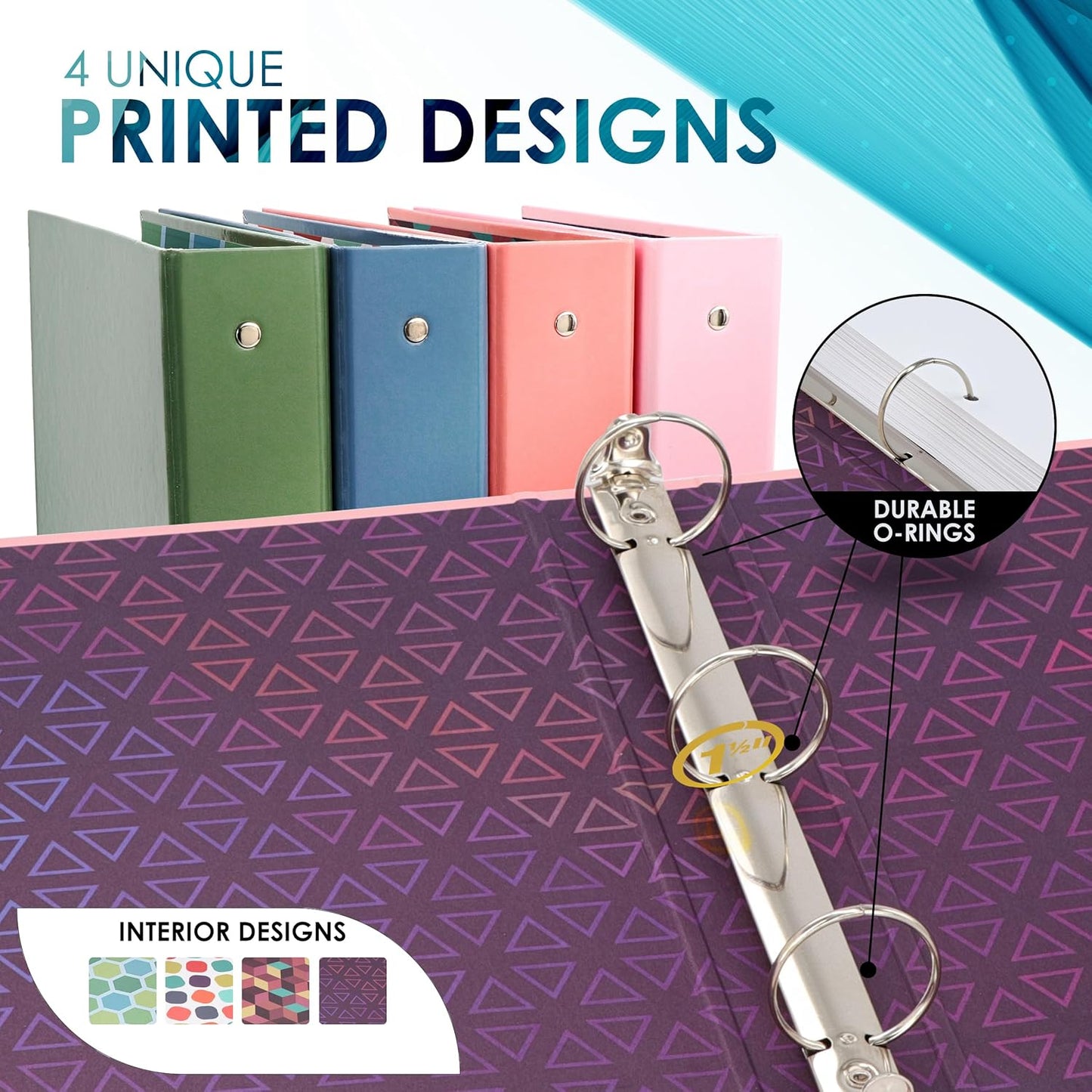3 Ring Binder 1.5 inch Binder, 1 ½ Inch Round Ring Binders, Colored Binders for School Supplies, Printed Inside and Outside, Used for Papers, Business Cards Etc., Holds 280 Sheets, 4 Pack - by Emraw