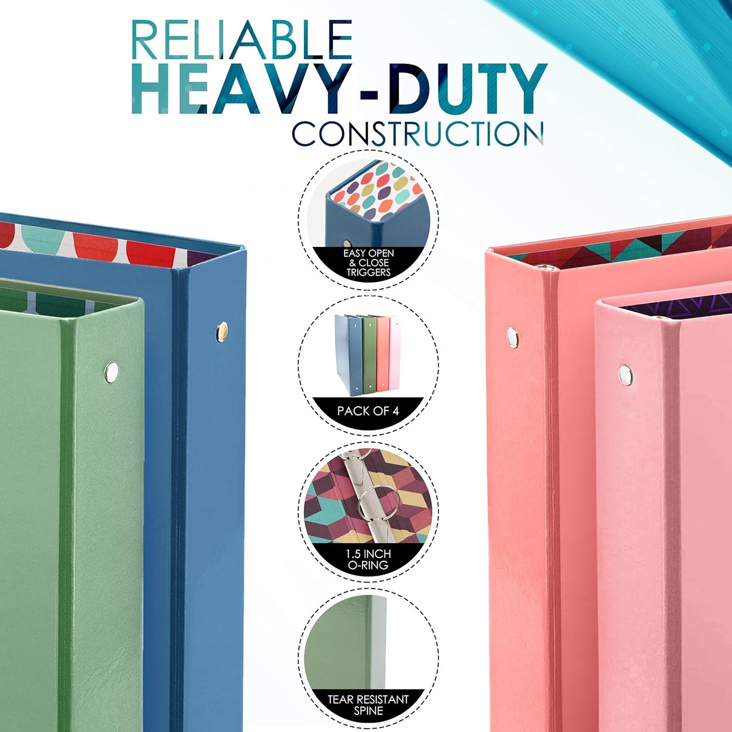 3 Ring Binder 1.5 inch Binder, 1 ½ Inch Round Ring Binders, Colored Binders for School Supplies, Printed Inside and Outside, Used for Papers, Business Cards Etc., Holds 280 Sheets, 4 Pack - by Emraw