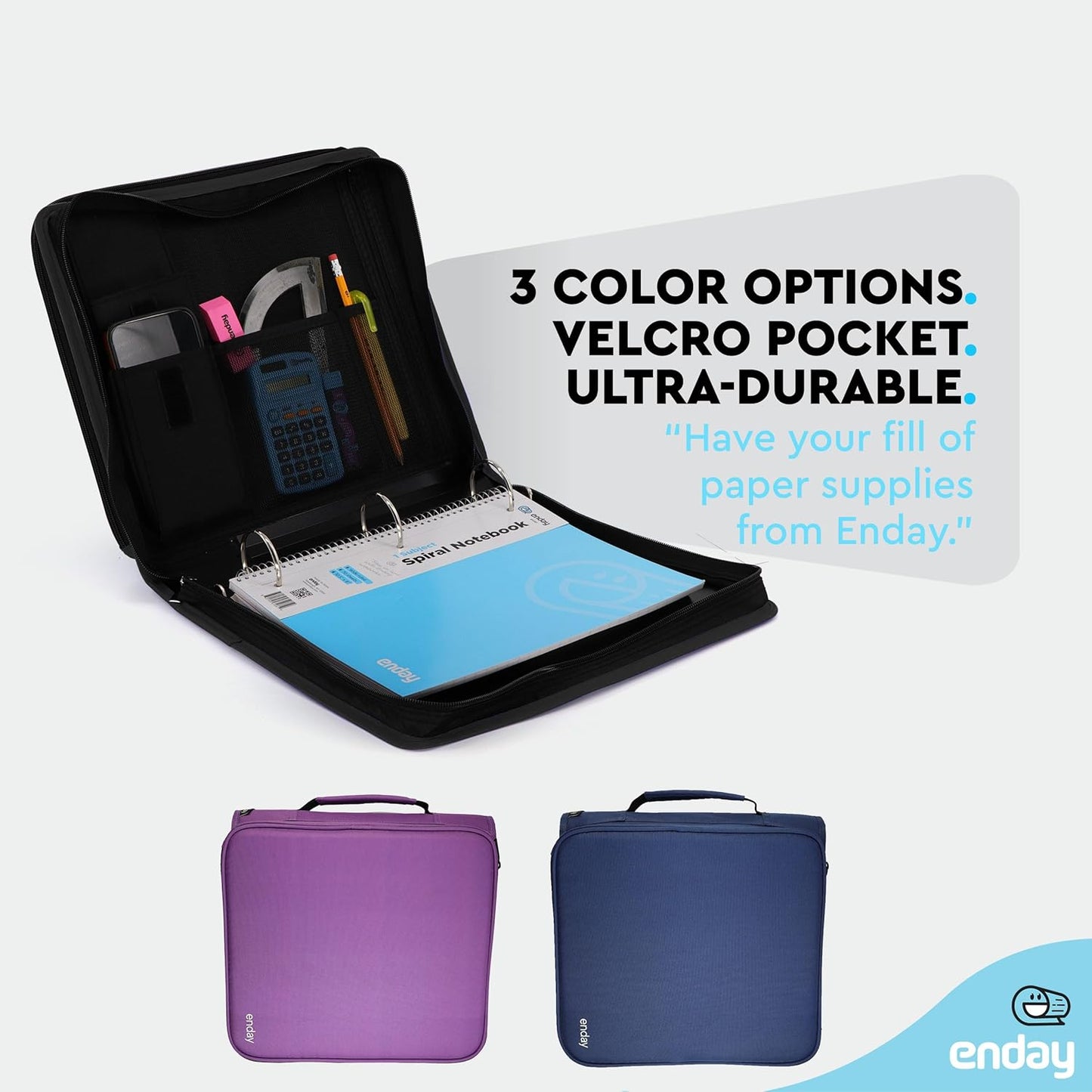 Zipper Binder 3 Ring, Large 2 Inch Binder with Zipper, 880 Sheet Capacity with Durable Handle, Multiple Pockets School Organizer, Black - by Enday