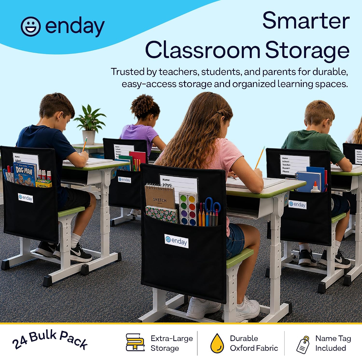 Enday Chair Pockets for Classrooms Set of 24, Premium Student Chair Pockets, Deep Seat Sacks for Classroom Chairs, Heavy Duty Chair Bags for Books & School Supplies Organizer