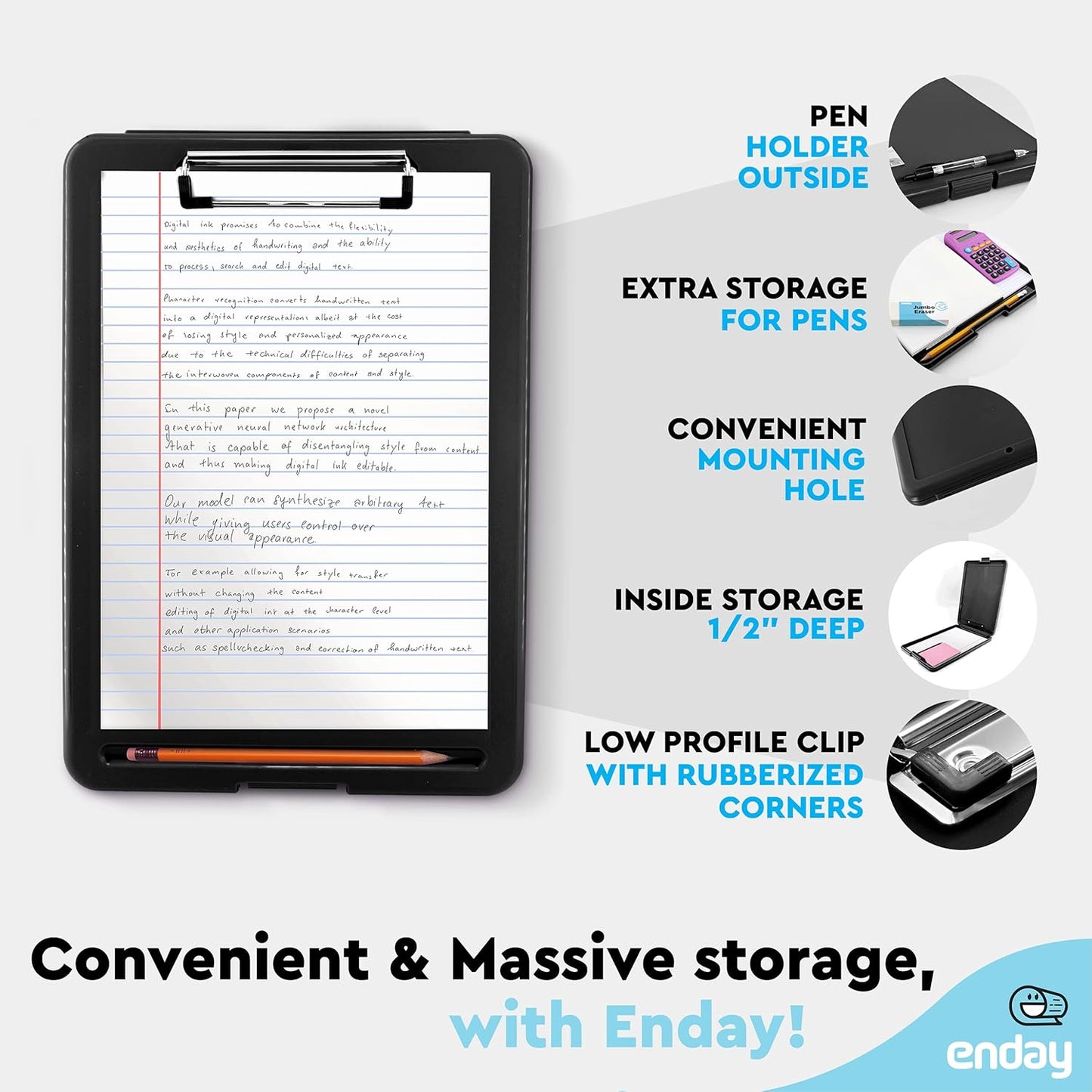 Clipboard with Storage Black, Letter Size Storage Clipboard with Compartments Case for Nurse Teachers Plastic Translucent Holds 100 Sheets Also Avail. in Green, Purple, Pink, Red, Blue, Grey-by Enday