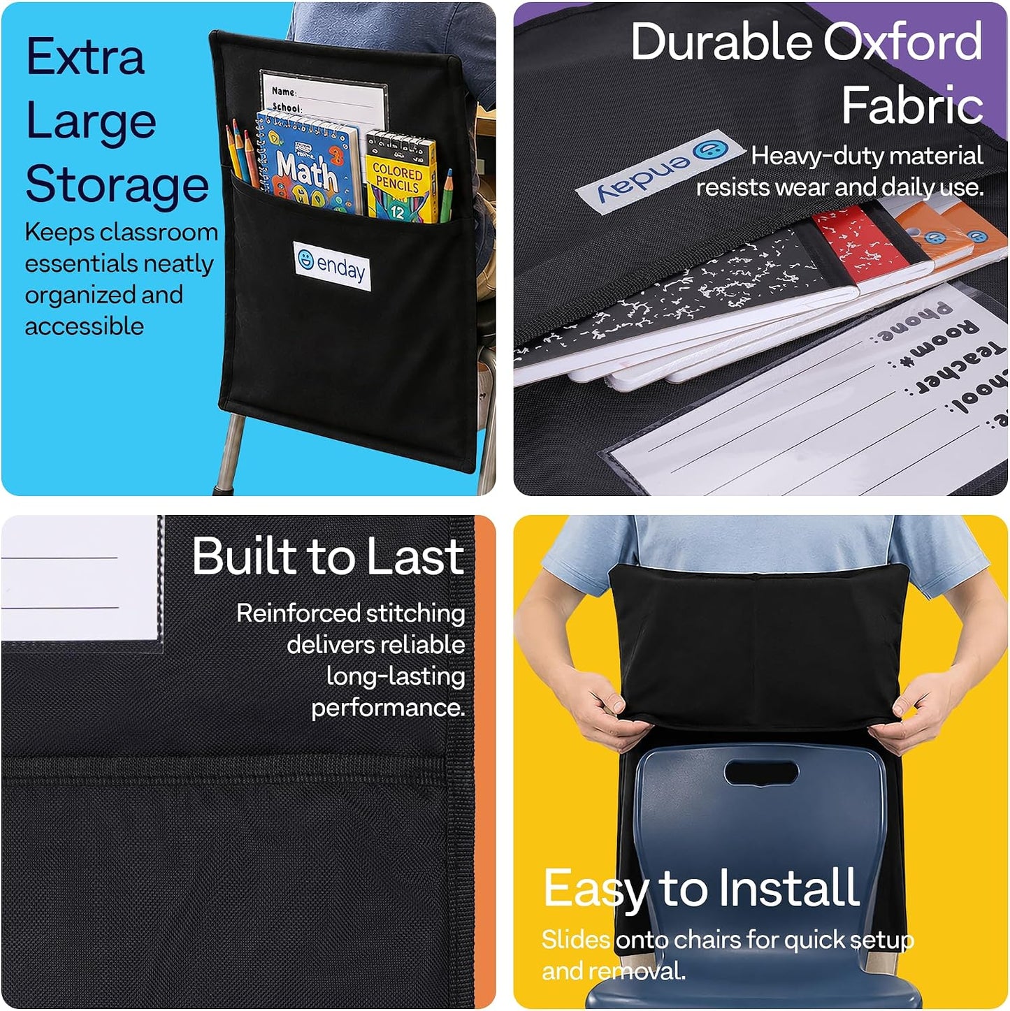 Enday Chair Pockets for Classrooms Set of 24, Premium Student Chair Pockets, Deep Seat Sacks for Classroom Chairs, Heavy Duty Chair Bags for Books & School Supplies Organizer