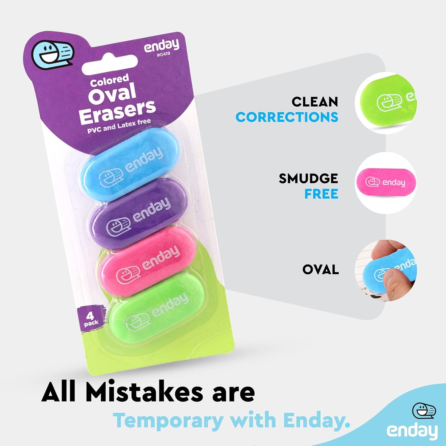 Erasers Pencil, Oval Hi Polymer Large Soft Eraser, Rubber and Non â€“ Abrasive Eraser, Cute Drawing School Supplies Fun for Kids and Artists Erasers in Pink, Purple, Blue, Green (4 PC) â€“ by Enday