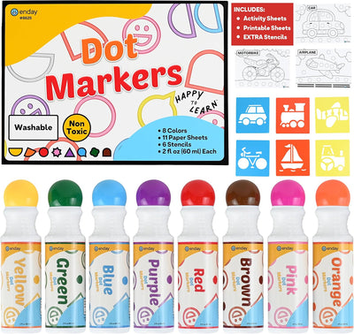 Enday Washable Dot Markers for Toddlers 1-3 - 8 Colors, Activity Sheets and Stencils Included - Bingo Daubers, Dot Art, Dot Markers for Toddlers 2-4 Years, Dot Paint for Toddler Arts and Crafts
