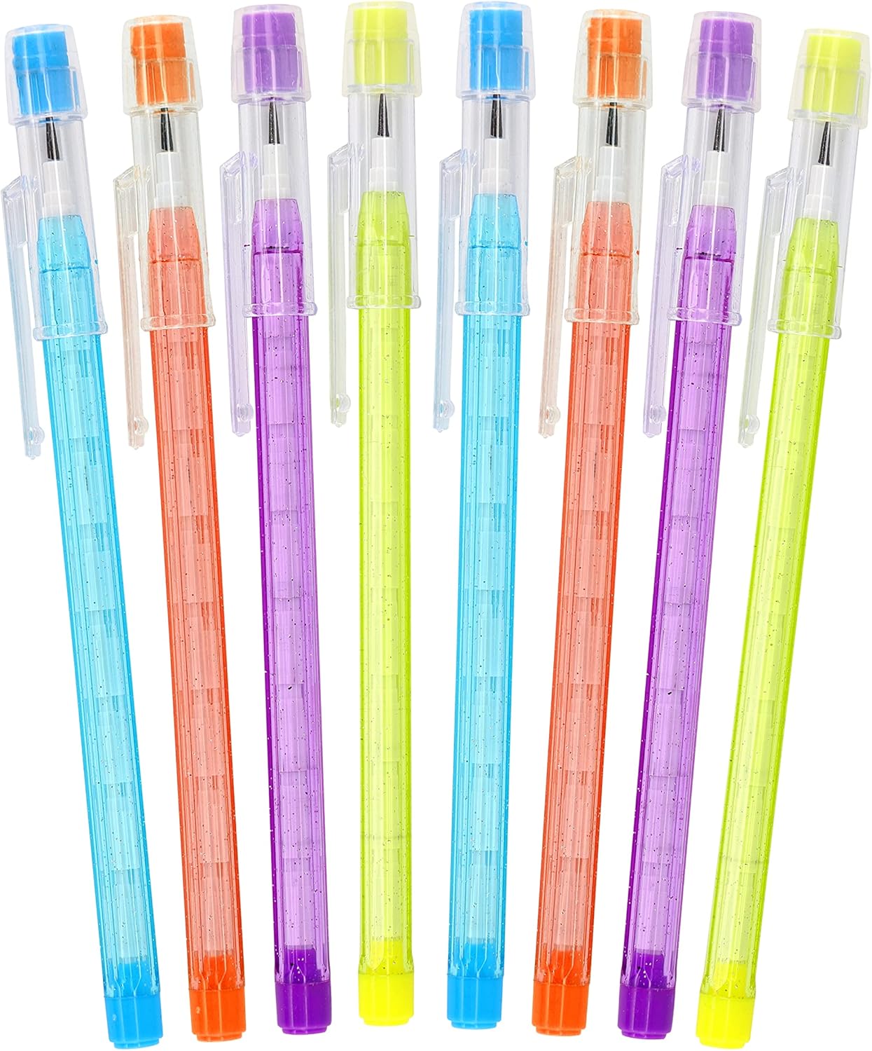 Enday Stackable Pencils in Dazzling, 8 PC Translucent Multi Point Push Fun Pencils with Matching Erasers, Stacking Point Lead Pencil for School Office Kids Teacher,