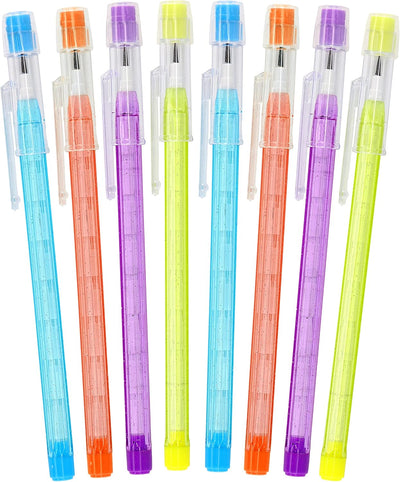Enday Stackable Pencils in Dazzling, 8 PC Translucent Multi Point Push Fun Pencils with Matching Erasers, Stacking Point Lead Pencil for School Office Kids Teacher,