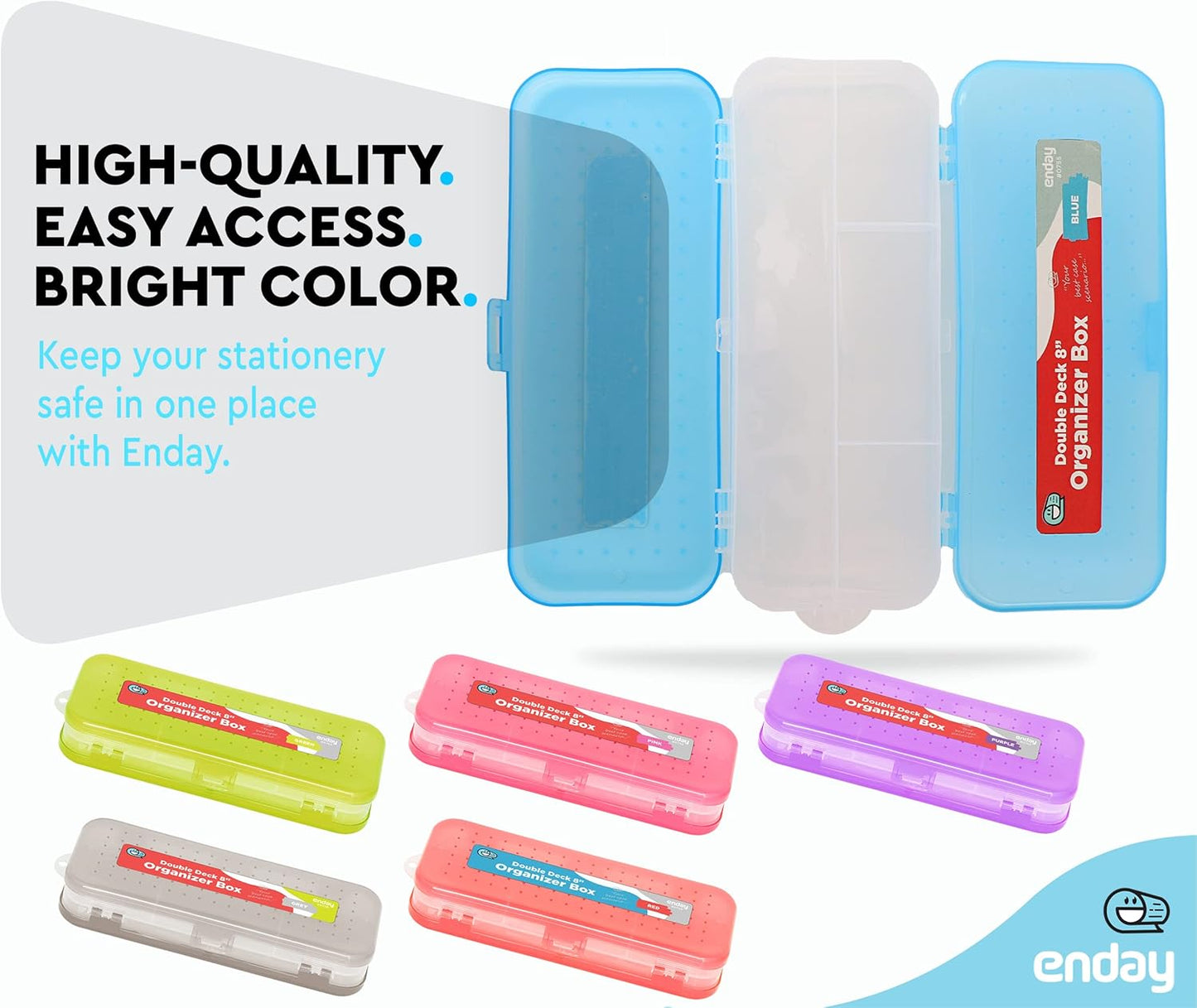 Enday Pencil Box Blue, Plastic Double Deck Pencil Case with 7 Compartments, Box Organizer with Snap Closure for Home and Office