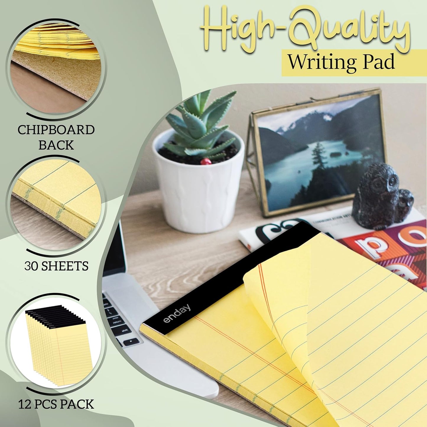 Enday Small Note Pads 5x8 Legal Pads, Legal Ruled Writing Pad with Perforated Pages, Canary Yellow Paper Jr. Legal Note Pads for Work and Note-Taking, 30 Sheets Per Notepad, 12 Pack