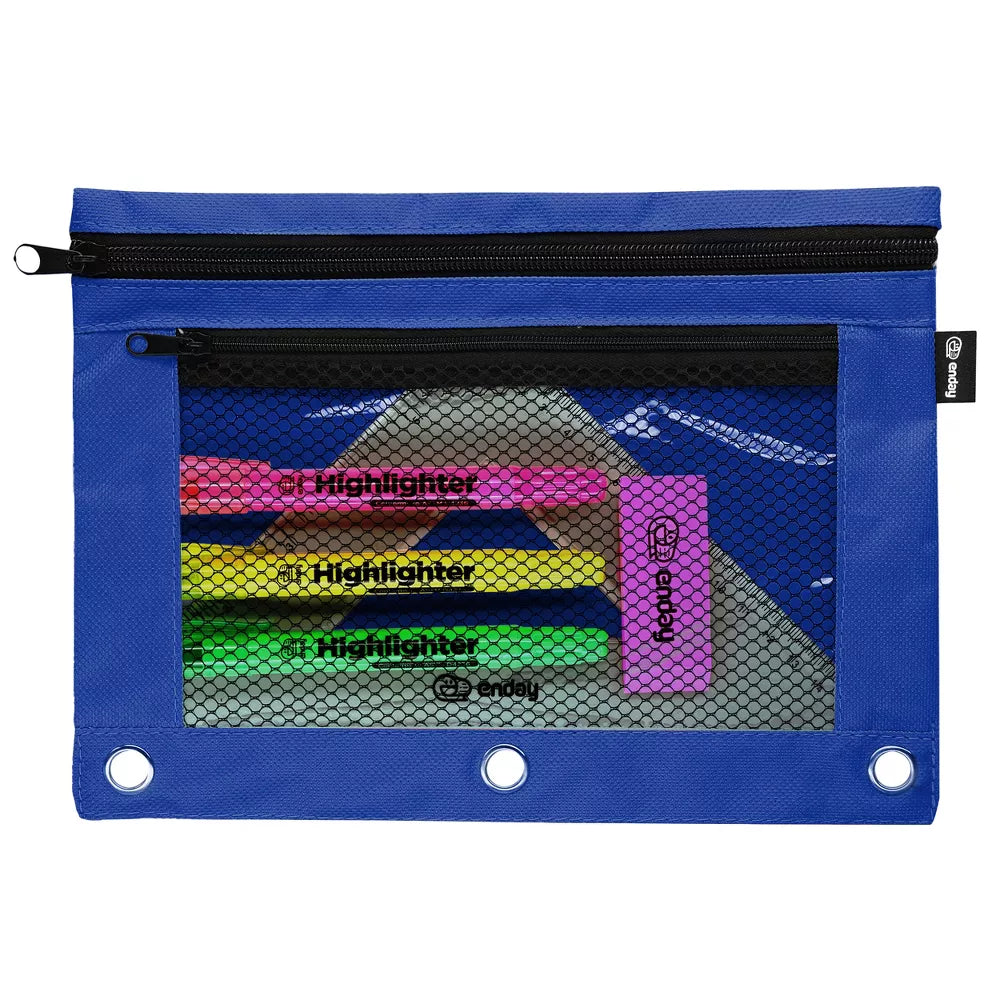Double Zipper 3-Ring Pencil Pouch With Mesh Window