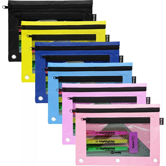 Double Zipper 3-Ring Pencil Pouch With Mesh Window, Assorted