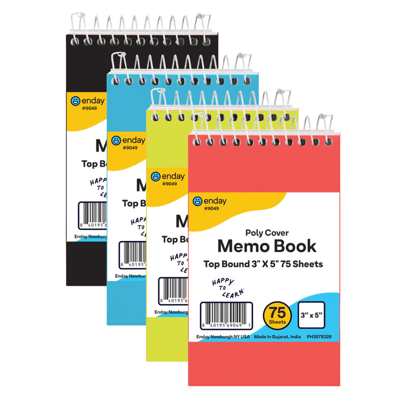Memo Book Poly Cover Top Bound Spiral 3" X 5" 75 Ct., Assorted