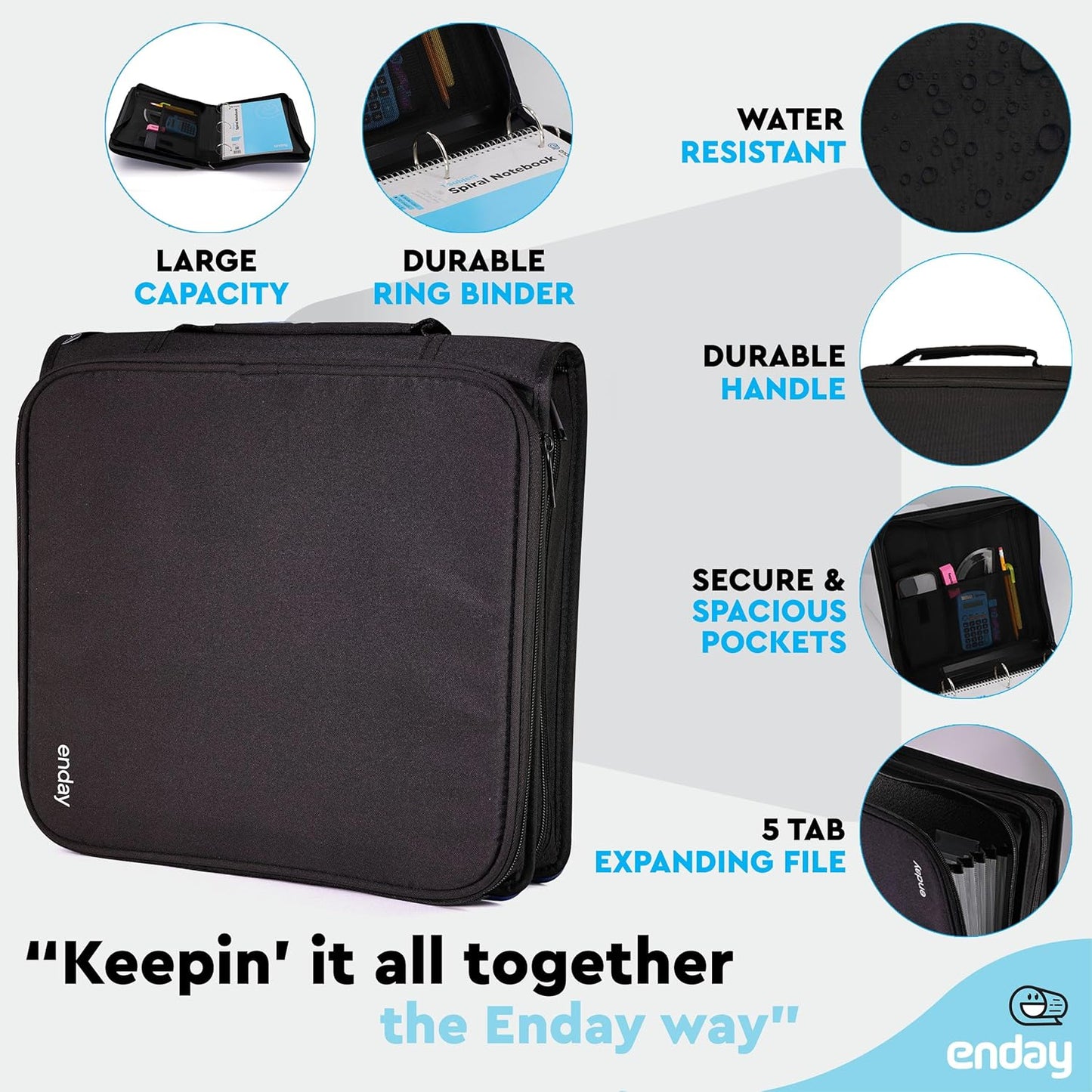 Zipper Binder 3 Ring, Large 2 Inch Binder with Zipper, 880 Sheet Capacity with Durable Handle, Multiple Pockets School Organizer, Black - by Enday