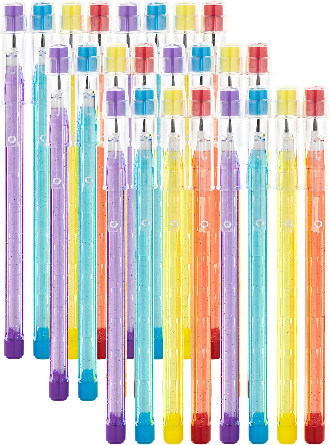 Enday Stackable Pencils in Dazzling, 8 PC Translucent Multi Point Push Fun Pencils with Matching Erasers, Stacking Point Lead Pencil for School Office Kids Teacher,