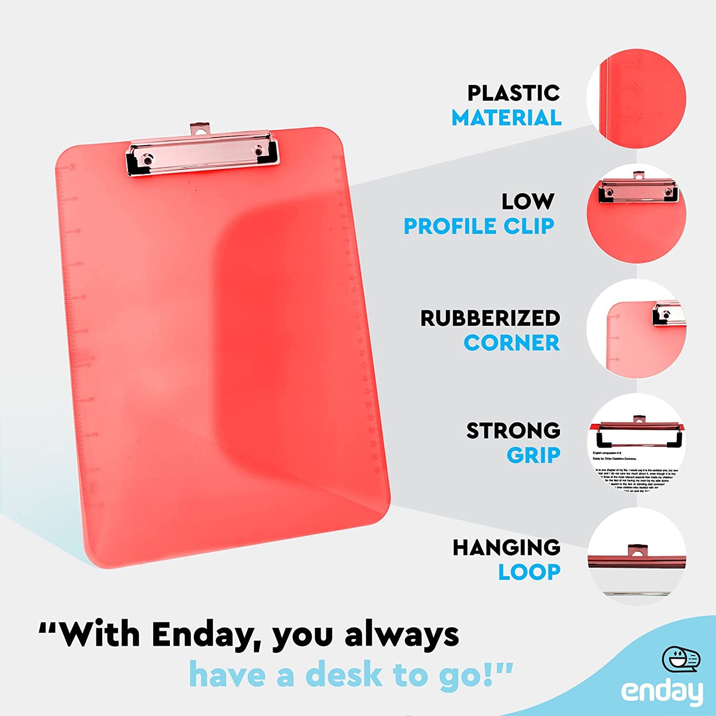 Standard Size Plastic Clipboard with Low Profile Clip - Red