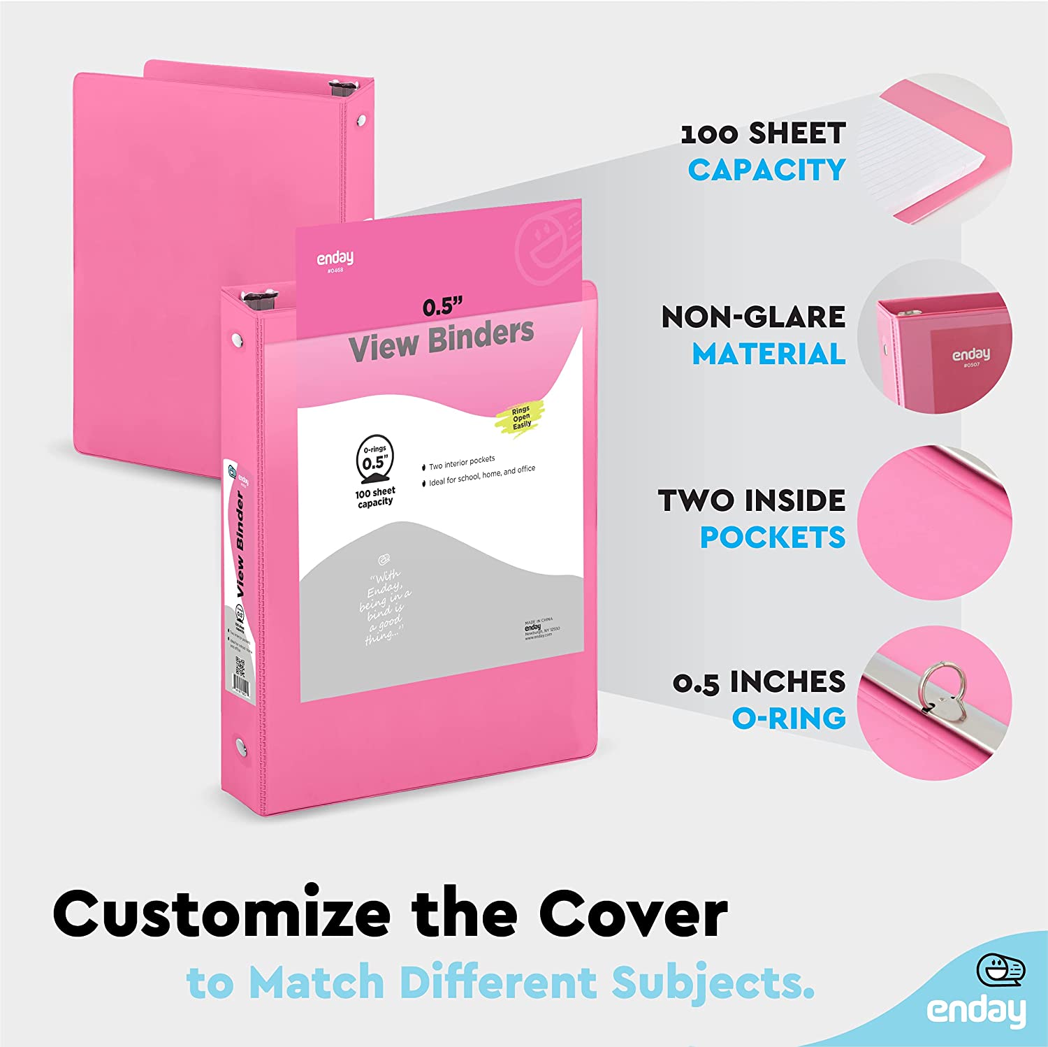 Enday 1.5-inch 3-Ring View Binder with 2-Pockets, Pink